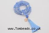 GMN1753 Knotted 8mm, 10mm blue banded agate 108 beads mala necklace with tassel & charm