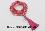 GMN1756 Knotted 8mm, 10mm red banded agate 108 beads mala necklace with tassel & charm