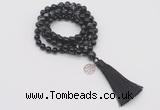 GMN1758 Knotted 8mm, 10mm black banded agate 108 beads mala necklace with tassel & charm