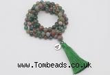 GMN1762 Knotted 8mm, 10mm Indian agate 108 beads mala necklace with tassel & charm