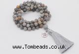 GMN1764 Knotted 8mm, 10mm silver needle agate 108 beads mala necklace with tassel & charm