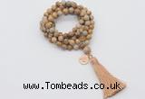 GMN1775 Knotted 8mm, 10mm picture jasper 108 beads mala necklace with tassel & charm