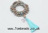 GMN1781 Knotted 8mm, 10mm serpentine jasper 108 beads mala necklace with tassel & charm