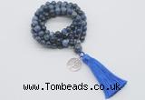 GMN1798 Knotted 8mm, 10mm dumortierite 108 beads mala necklace with tassel & charm