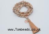 GMN1804 Knotted 8mm, 10mm sunstone 108 beads mala necklace with tassel & charm