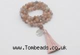 GMN1805 Knotted 8mm, 10mm moonstone 108 beads mala necklace with tassel & charm
