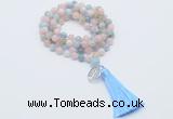 GMN1806 Knotted 8mm, 10mm morganite 108 beads mala necklace with tassel & charm