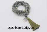 GMN1816 Knotted 8mm, 10mm seaweed quartz 108 beads mala necklace with tassel & charm