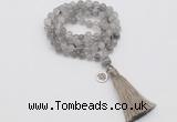 GMN1818 Knotted 8mm, 10mm cloudy quartz 108 beads mala necklace with tassel & charm