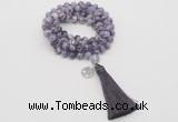 GMN1820 Knotted 8mm, 10mm dogtooth amethyst 108 beads mala necklace with tassel & charm