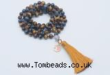 GMN1832 Knotted 8mm, 10mm colorful tiger eye 108 beads mala necklace with tassel & charm