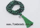 GMN1836 Knotted 8mm, 10mm green tiger eye 108 beads mala necklace with tassel & charm