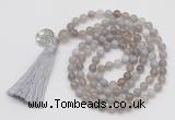 GMN1861 Knotted 8mm, 10mm grey banded agate 108 beads mala necklace with tassel & charm