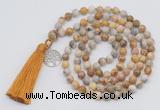 GMN1869 Knotted 8mm, 10mm yellow crazy agate 108 beads mala necklace with tassel & charm