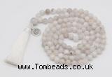 GMN1871 Knotted 8mm, 10mm white crazy agate 108 beads mala necklace with tassel & charm