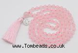 GMN1872 Knotted 8mm, 10mm rose quartz 108 beads mala necklace with tassel & charm