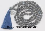 GMN1874 Knotted 8mm, 10mm labradorite 108 beads mala necklace with tassel & charm