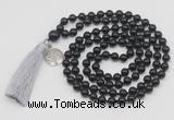 GMN1875 Knotted 8mm, 10mm black obsidian 108 beads mala necklace with tassel & charm