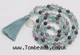 GMN1884 Knotted 8mm, 10mm fluorite 108 beads mala necklace with tassel & charm