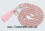 GMN1888 Knotted 8mm, 10mm Chinese pink opal 108 beads mala necklace with tassel & charm