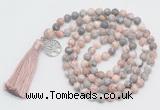 GMN1890 Knotted 8mm, 10mm pink zebra jasper 108 beads mala necklace with tassel & charm