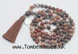 GMN1891 Knotted 8mm, 10mm brecciated jasper 108 beads mala necklace with tassel & charm