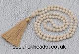 GMN200 Hand-knotted 6mm white fossil jasper 108 beads mala necklaces with tassel