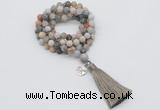 GMN2003 Knotted 8mm, 10mm matte bamboo leaf agate 108 beads mala necklace with tassel & charm