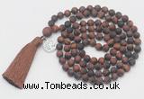 GMN2028 Knotted 8mm, 10mm matte red tiger eye 108 beads mala necklace with tassel & charm