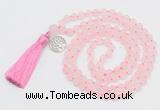 GMN2035 Knotted 8mm, 10mm matte rose quartz 108 beads mala necklace with tassel & charm