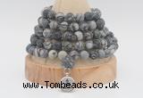 GMN2227 Hand-knotted 8mm, 10mm matte black water jasper 108 beads mala necklace with charm
