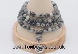 GMN2412 Hand-knotted 6mm black water jasper 108 beads mala necklace with charm