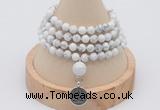 GMN2418 Hand-knotted 6mm white howlite 108 beads mala necklace with charm