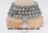 GMN2450 Hand-knotted 6mm grey picture jasper 108 beads mala necklaces with charm