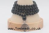 GMN2464 Hand-knotted 6mm black onyx 108 beads mala necklaces with charm