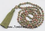GMN253 Hand-knotted 6mm unakite 108 beads mala necklaces with tassel