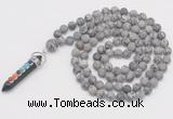 GMN2611 Hand-knotted 8mm, 10mm matte grey picture jasper 108 beads mala necklace with pendant