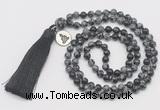 GMN328 Hand-knotted 6mm snowflake obsidian 108 beads mala necklaces with tassel & charm