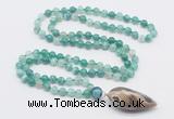 GMN4010 Hand-knotted 8mm, 10mm green banded agate 108 beads mala necklace with pendant