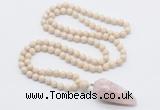 GMN4020 Hand-knotted 8mm, 10mm white fossil jasper 108 beads mala necklace with pendant