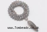 GMN4060 Hand-knotted 8mm, 10mm grey agate 108 beads mala necklace with pendant