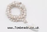 GMN4062 Hand-knotted 8mm, 10mm white crazy agate 108 beads mala necklace with pendant
