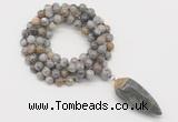 GMN4065 Hand-knotted 8mm, 10mm silver needle agate 108 beads mala necklace with pendant