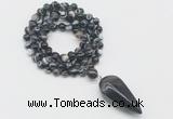 GMN4069 Hand-knotted 8mm, 10mm black banded agate 108 beads mala necklace with pendant