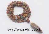 GMN4077 Hand-knotted 8mm, 10mm picasso jasper 108 beads mala necklace with pendant