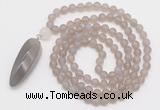 GMN4207 Hand-knotted 8mm, 10mm matte grey agate 108 beads mala necklace with pendant