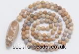 GMN4212 Hand-knotted 8mm, 10mm matte fossil coral 108 beads mala necklace with pendant