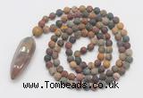 GMN4216 Hand-knotted 8mm, 10mm matte picasso jasper 108 beads mala necklace with pendant