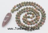 GMN4224 Hand-knotted 8mm, 10mm matte unakite 108 beads mala necklace with pendant