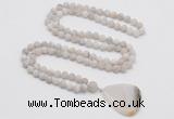 GMN4410 Hand-knotted 8mm, 10mm matte white crazy agate 108 beads mala necklace with pendant